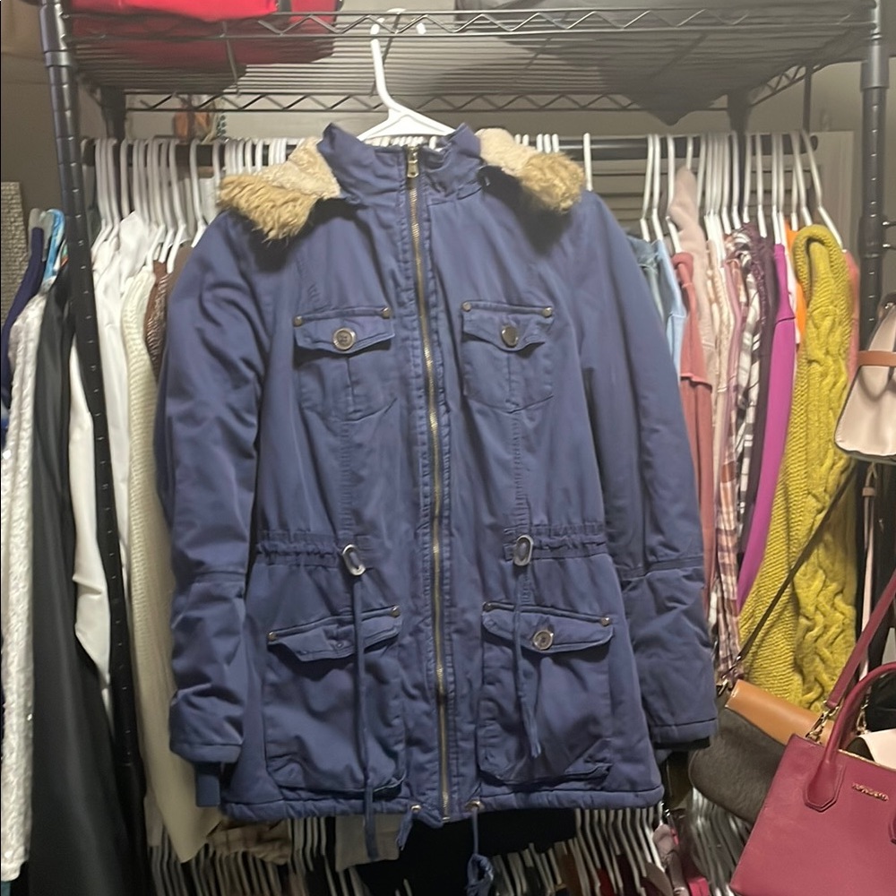 YMI Navy Faux Fur-Lined Parka Jacket with Detachable Hood – Size L